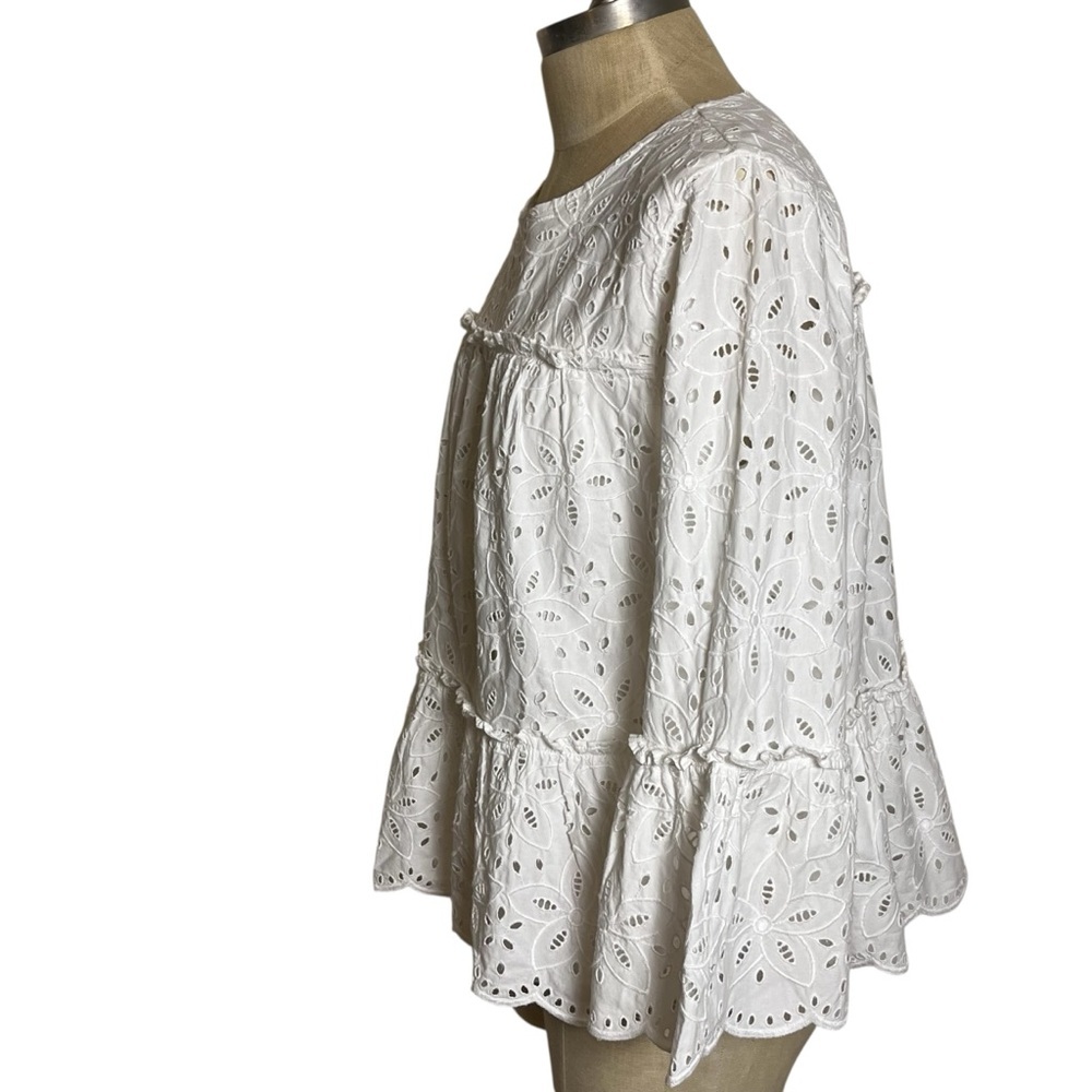 Vineyard Vines White Eyelet Cottagecore Coastal 3/4 Bell Sleeves Scalloped — M - Picture 4 of 10